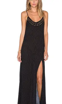 Revolve Amuse Society Jori Black Brown Polka Dot Embellished Maxi Dress Size XS