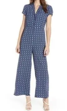 Leith Navy Blue Medallion Printed Cap sleeve wide leg jumpsuit size xxs