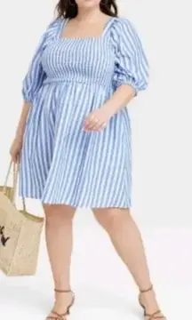 Ava &‎ Viv Plus Women's Blue Stripe Milkmaid Mini Dress Puff Sleeves Size 1X