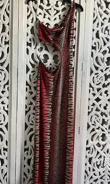Women's 90s STUDIO f Red Gold Animal Print Asymmetrical Maxi Dress RARE