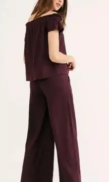 FREE PEOPLE 12 EVERYTHING SET linen Matching Top Bottom Pants Wide Leg Burgundy