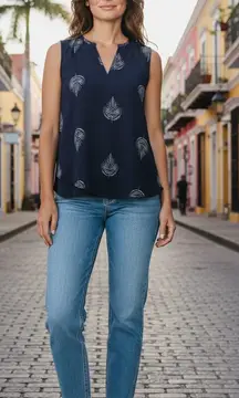 Alfani Tiered Navy Blue with Leaf Pattern MP Cottagecore Peasant Blouse High/Low