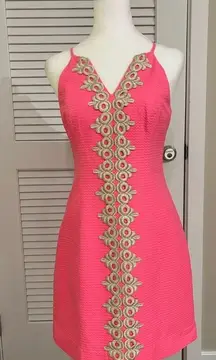 Pearl Bungalow Pink Metallic Gold Lace Shift Dress