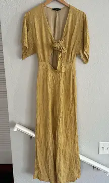 Forever 21 Wide Leg Jumpsuit Gold Stripe Open Front Tie Cottage Euro Vacation