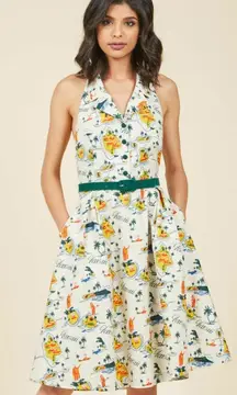 Modcloth Genuine Genius Halter Shirtdress in Island Beige Hawaii Print Size 2X