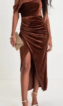 Lulus Showing Off a Little Brown Velvet Asymmetrical Tulip Midi Dress