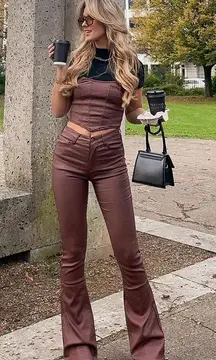 edikted Luna Faux Leather Flare Jeans brown small