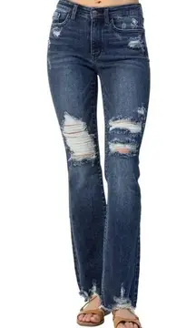 Judy Blue Women's Mid-Rise Contrast Destroyed Slim Bootcut Jeans SIZE 15/32.