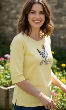 Quacker Factory Yellow Blue Chicken Short Sleeve Tee‎