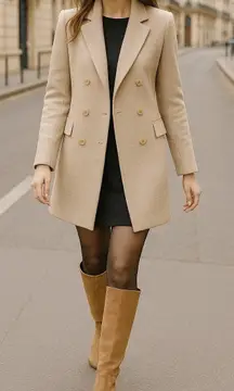 ZARA Women's XS Double Breasted Mid Length Coat Oatmeal Peacoat