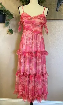 NWOT Lulus Exquisite Existence Pink Floral Mesh Pleated Ruffled Midi Dress