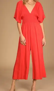 Lulus Spend Some Time Coral Smocked Short Sleeve Culotte Jumpsuit Medium Orange
