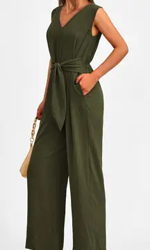 PrettyGarden Wide Leg Jumpsuit Casual V-Neck  Belted Long pants romper XL