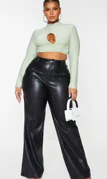 NWT PrettyLittleThing Black Faux Leather Seam Detail Wide Leg Pants Plus US 16
