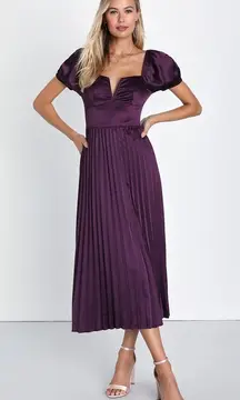 NWOT Lulus Flawless Forever Dark Purple Satin Pleated Midi Dress Size XXS