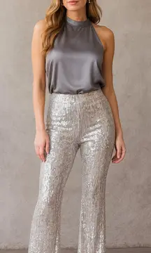 Wild Fable Mid Rise Wide Leg Silver Sequin Flare Pants Small Holiday NYE Glam