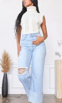 YMI Dixie Wide Leg Rip Jean in Q Celeste Blue Rips