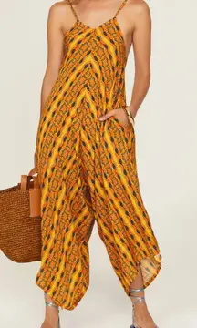 Kahindo Jumpsuit Womens Small Yellow Printed Kano V Neck Flowy Sleeveless‎