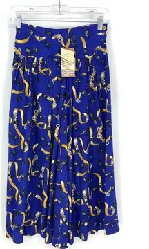 Vintage 90s A-Line Midi Skirt Women's Sz XS Equestrian Print Blue NOS