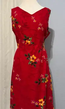 Vintage Erika Dresses Linen Blend Red Floral V Neck Sleeveless Midi Dress XL