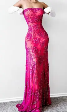 Vintage Pink Strapless Silk Floral Beaded Maxi Bodycon Formal Cocktail Prom Dress Size S