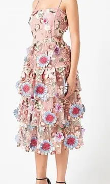 Endless Rose Velvet Embroidered Tiered Midi Dress Fairytale 3D Floral Blush Pink