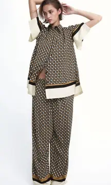 H&M Black Beige Geometric Print Blouse Wide Leg Pants Set Oversized XS