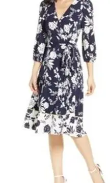 Eliza J Floral Print Faux Wrap V-Neck Waist Tie Dress Blue White Size 4 NWT