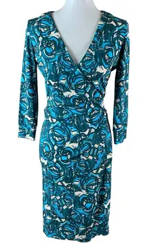 Felicity And Coco Floral Print Wrap Dress Long Sleeve Teal White Small Career