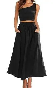 NEW 2 Pc Outfit 1 Shoulder Smocked Crop Top & High Waist Long Skirt S