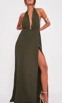 Alina Khaki Plunge Maxi Dress