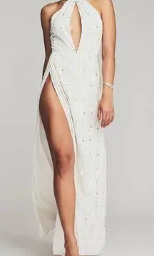 Retrofete Prima White Sequin Halter Neck High Slit Long Maxi Dress Gown