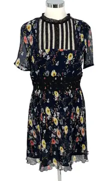 Foxiedox Juniper Floral Lace Trim Mini Dress Navy Blue Size Medium