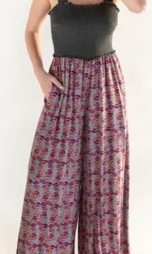 Natural Life Sedona Jumpsuit Grey Plum Tulips Smocked Floral