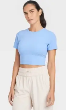 NWT JoyLab Women L Sky Blue Active Cropped Fit Short Sleeve Tee Moisture Wicking