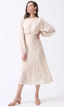 Candy Polka dot textured puffy long sleeve balloon poplin Fit Flare overlay sheer Beige Cream