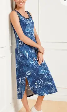 TALBOTS Floral Print Sleeveless Sporty Midi Dress Pocket Blue Size S Modal Blend