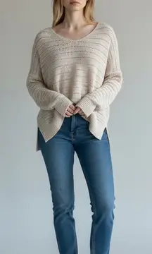 Cream Open Knit V Neck Long Sleeve Oversized Tunic Sweater Women XS