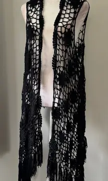 Say What? Black Crocheted Knee Length Cardigan Vest