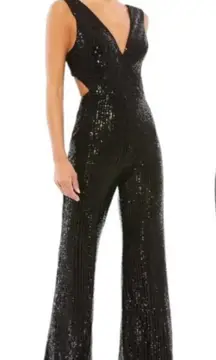Mac Duggal 26691 Sequin V Neck Cut Out Jumpsuit  Women Black Wedding Cocktail 12