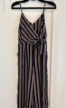 Everly Women's Wide Leg Cropped Striped Romper Front Tie Back Zipper Size Small