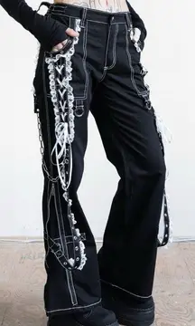 Tripp NYC Lolita Bondage Pants Lace Trim Chains Black White 25 EUC