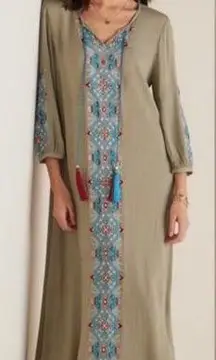 Soft Surroundings NEW  PM 10-12 Sicily Guaze Boho Embroidered Maxi Dress in Olive