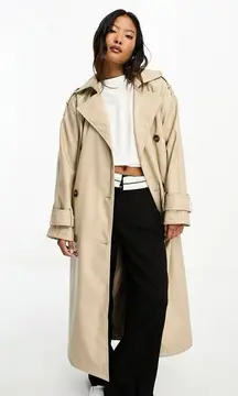 ASOS DESIGN Tan Faux Leather Trench Coat Size 12 Long Preppy Chic Minimalist