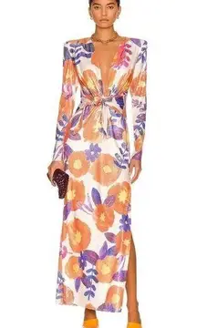 Raisa Vanessa V Neck Midi Sequin Dress in Orange Floral 36 2-4 Womens Maxi Gown