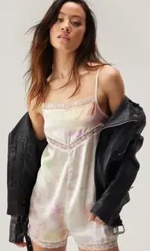 NWT NASTY GAL - Tie Dye Printed Lace Trim Satin Playsuit
