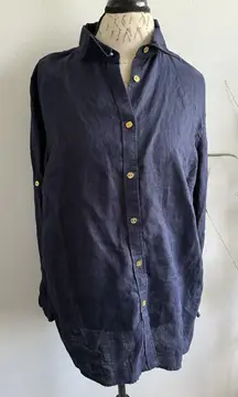 Chaps Classics Womens Navy 100% Linen Gold Button Up Shirt Roll Tab Sleeve Top‎