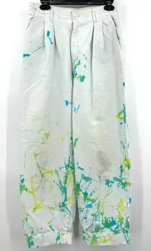 Zara size 8 white jeans‎ pleated top blue yellow green paint splatter detail