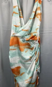 PrettyLittleThing Dress Womens 12 Multi Tie Dye Satin Plunge Wrap Ruched Bodycon