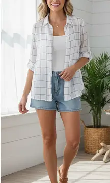 Tahari‎ 100% Linen White Windowpane Plaid Button Up Shirt Top Women's 1X Casual